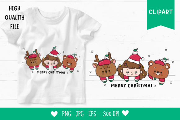 Cute Santa Clipart Girl Bear and Reindeer: A Kawaii Addition to Your Holiday Projects