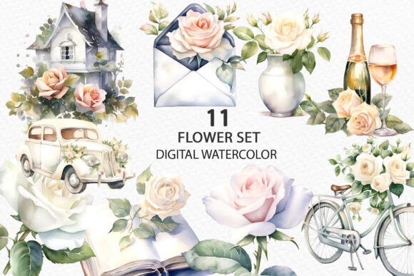 White Rose Romantic Clipart Watercolor